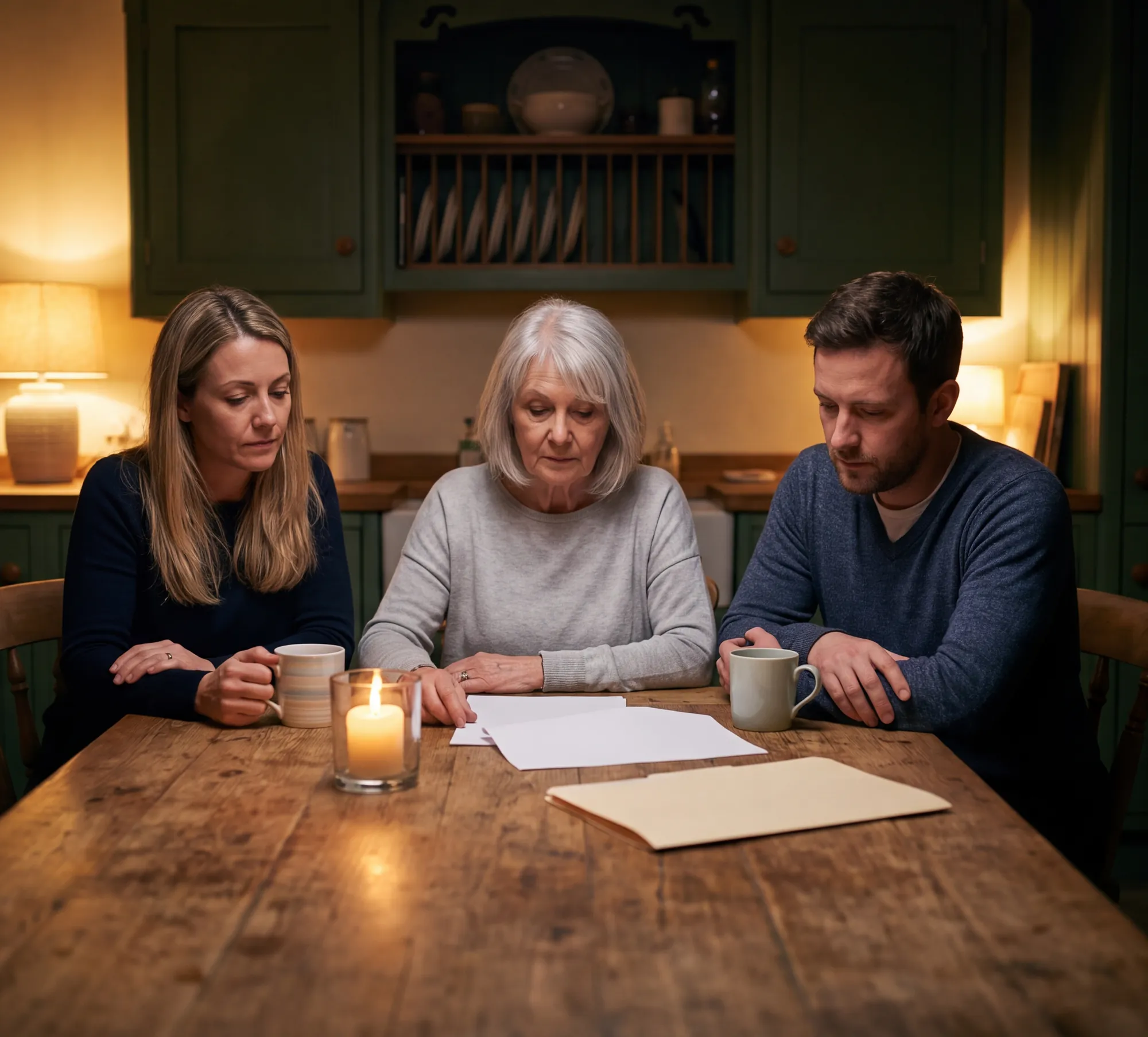 A family sitting close at a kitchen table in lamplight with papers and a candle