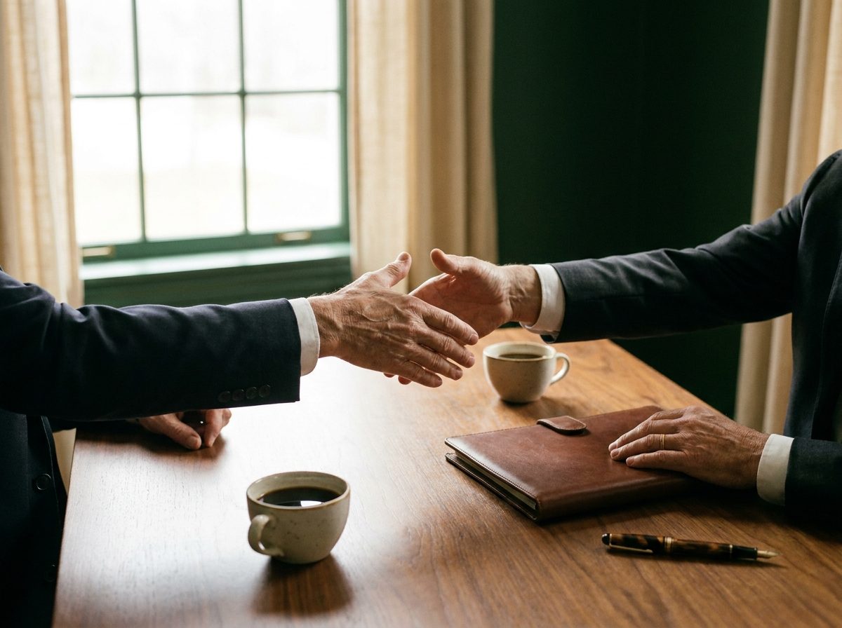 Two professionals about to shake hands across a desk