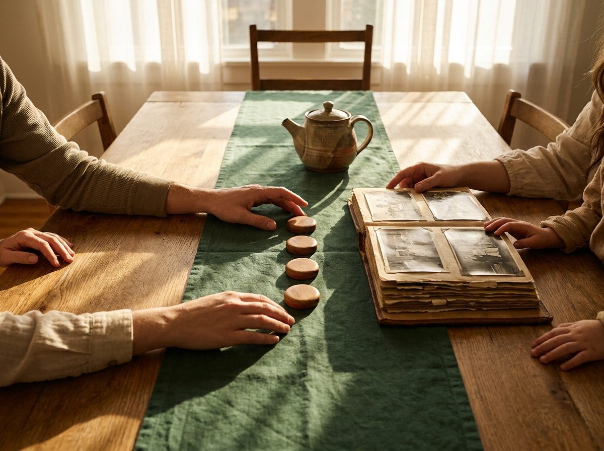 Hands reaching toward five wooden tokens beside a family photo album