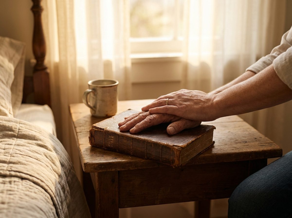 Hands resting together on a worn Bible beside a sunlit bed