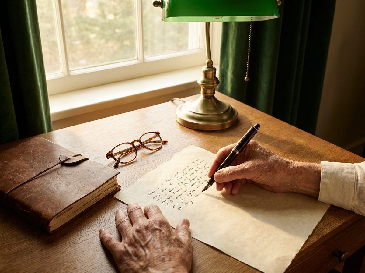 An older person&rsquo;s hands writing a letter beside a brass lamp